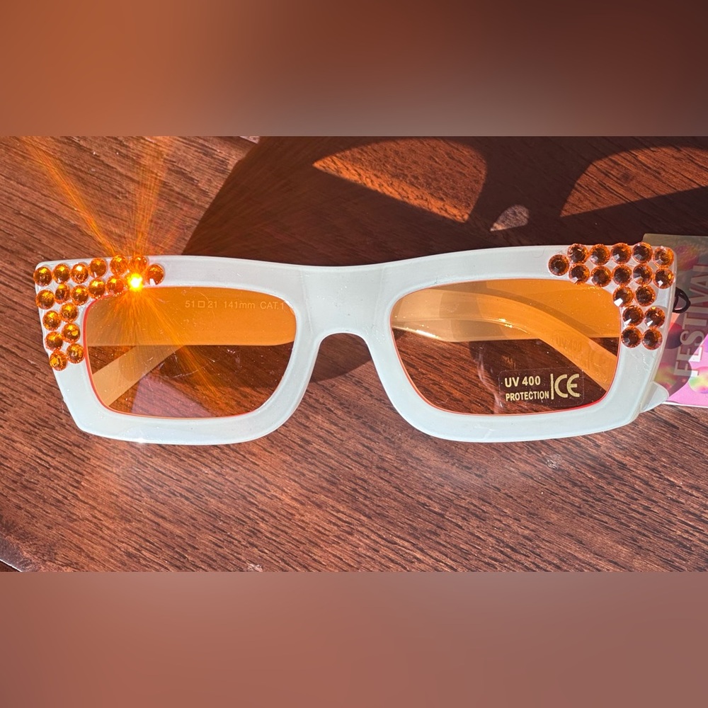 White Sunglasses with Orange Lenses rhinestones sunnies festival